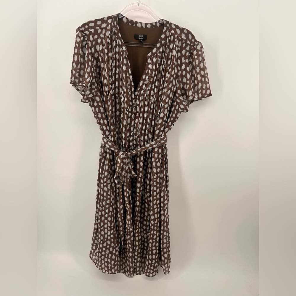 Women’s JBS Brown Taupe Dress Polka Dots Size 20W Pleated Bodice Tie Waist